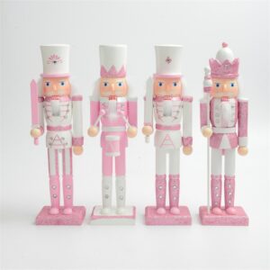 30cm Wooden Nutcracker Solider Figurine Puppet Pink Glitter Soldier Doll Toy Handcraft Ornament Christmas Home Office
