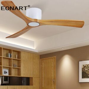 48inch Low Floor Wooden Led Dc Ceiling Fan With Lamp Remote Control Modern Indoor Solid Wood